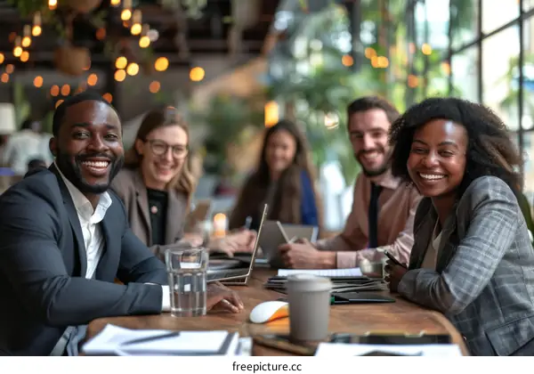 A group of people sitting around a table and smiling