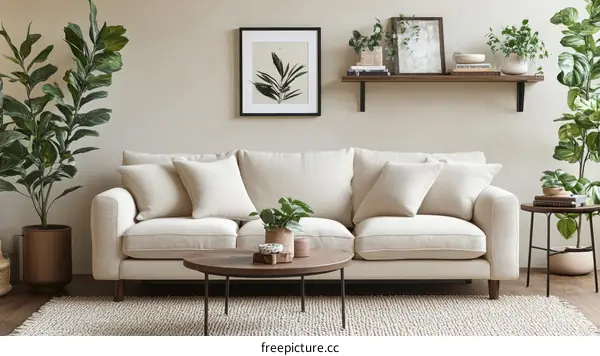 Modern Beige Living Room with Plants and Furniture