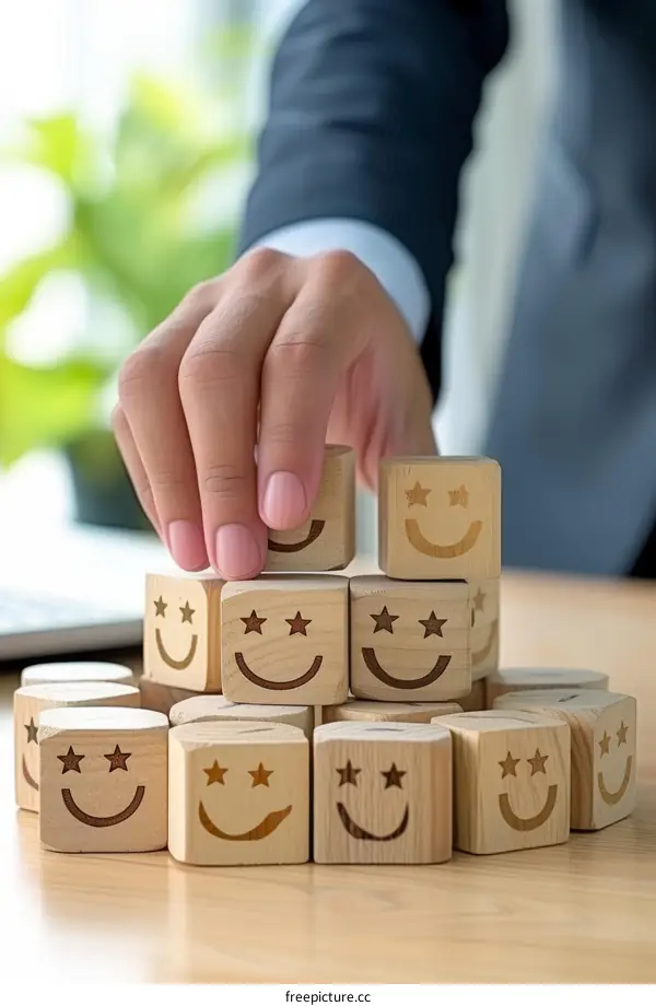Businessman stacking wooden blocks with smiley faces