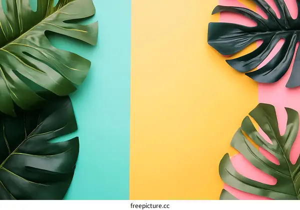 Tropical Leaves on Colorful Background