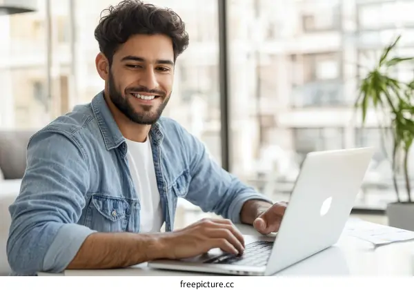 Young Man Working on Laptop in Modern Office