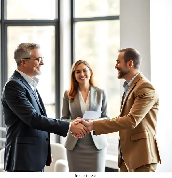 Businessmen Shaking Hands in Office Meeting Room