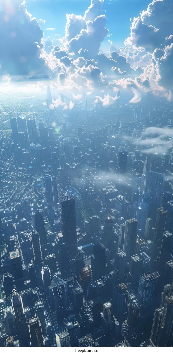 Aerial View of a City with Fluffy Clouds