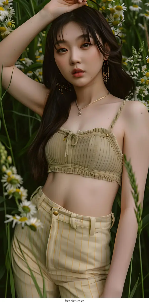 Asian Woman Wearing a Striped Shirt Posing in a Meadow of Daisies