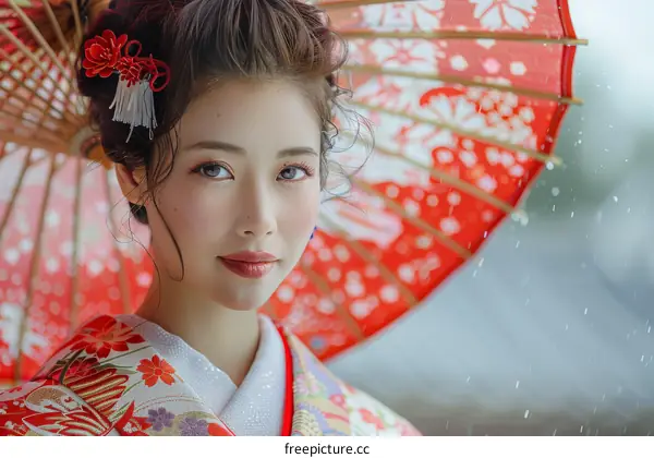 Portrait of a beautiful Japanese woman in traditional kimono holding a red umbrella
