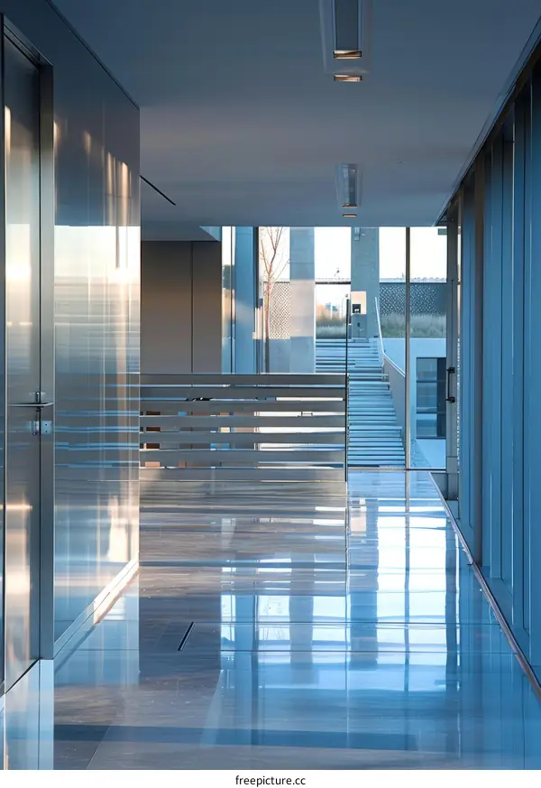 Modern Office Building with Glass Walls and Reflective Ceiling