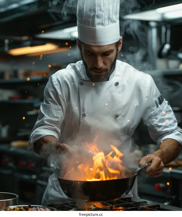 Focused male chef cooking with fire in kitchen
