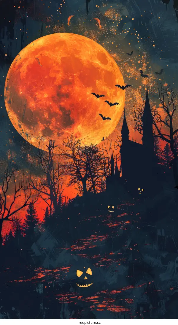 Halloween night spooky castle and moon