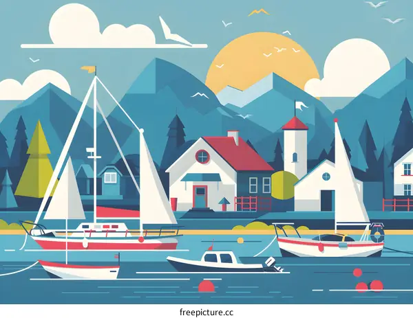 Flat Design Illustration of a Seascape with Boats