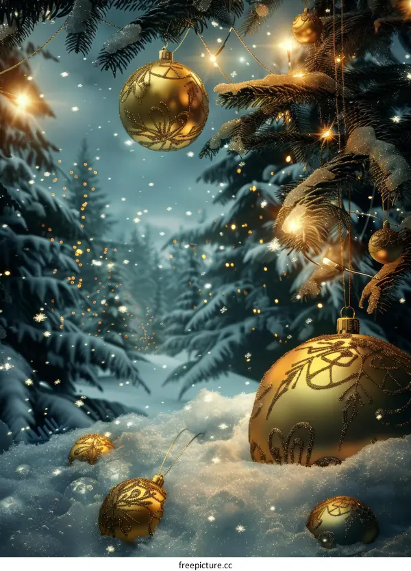 Christmas ornaments hanging in a snowy tree with snowy forest in the background