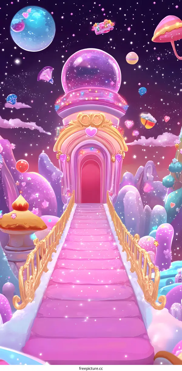 Fantasy Castle with Pink Stairs and Sparkling Lights