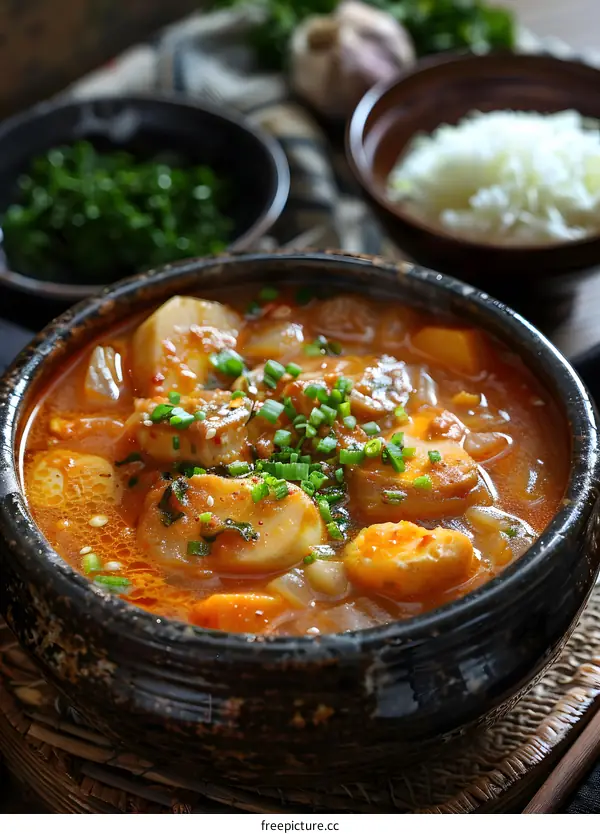 Spicy Korean Stew with Tofu and Vegetables in a Clay Pot
