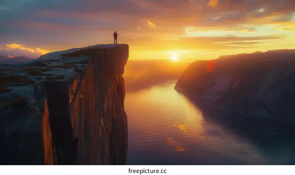 Man standing on a cliff overlooking a fjord in Norway