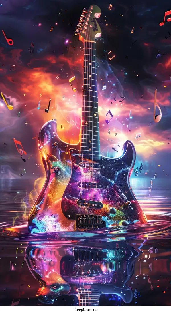 An electric guitar with a starry background and musical notes in the foreground
