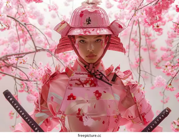 Pink Samurai Warrior in a Cherry Blossom Field