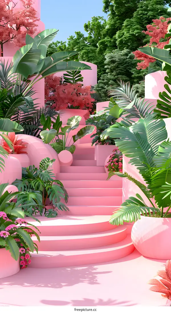 Pink Steps in a Tropical Garden Illustration