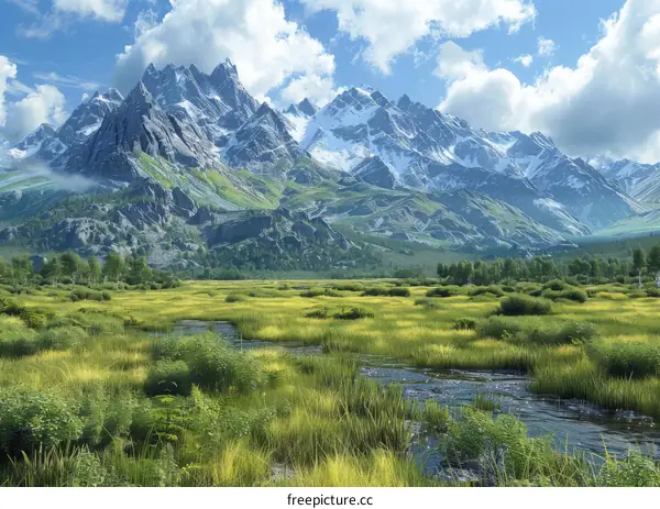 Serene Mountain Landscape with Verdant Valley and Blue Sky