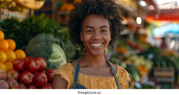 Portrait of a young African-American woman smiling in a market