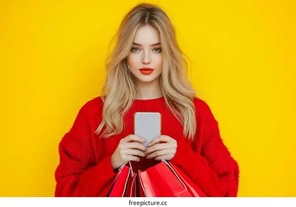 Stylish Woman in Red Sweater with Shopping Bags and Smartphone