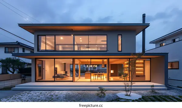 Modern Japanese House with Large Glass Windows and a Stone Garden