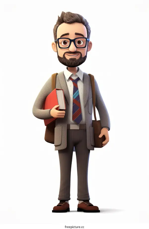 Male teacher with beard and glasses holding a book