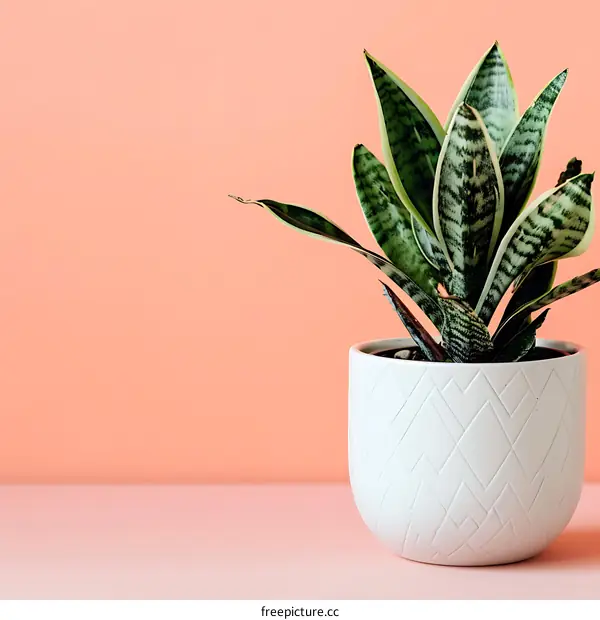 Green Snake Plant in a White Pot Against a Peach Background