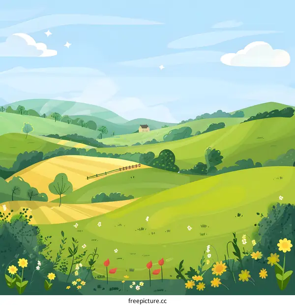 Spring Landscape With Green Hills, Yellow Flowers, And A Small House