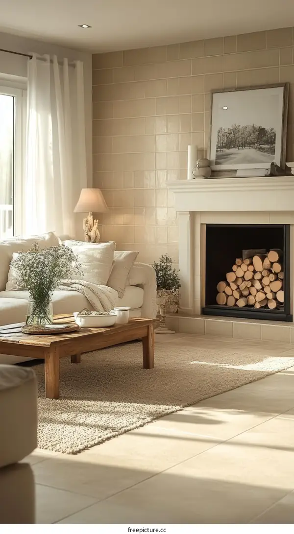 Cozy Living Room with Natural Wood and Beige Tones