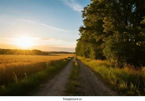 Sunset over a rural dirt road surrounded by fields and trees
