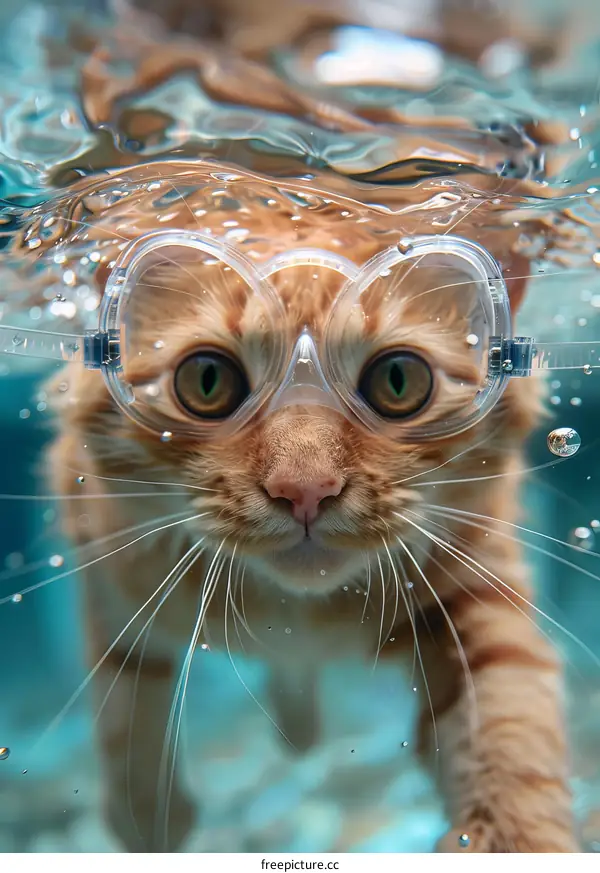 A ginger cat wearing swimming goggles is swimming in a pool of water