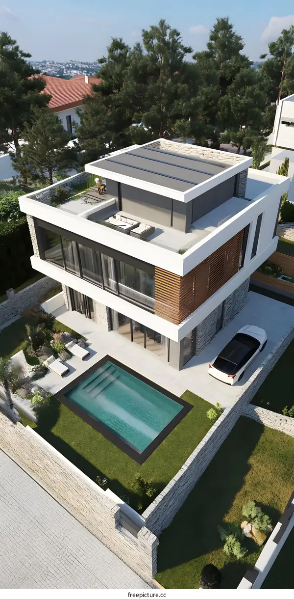 Modern Home With Swimming Pool And Green Landscaping