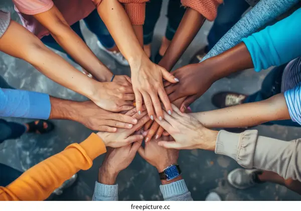 Multiracial group of people joining hands together in unity and support