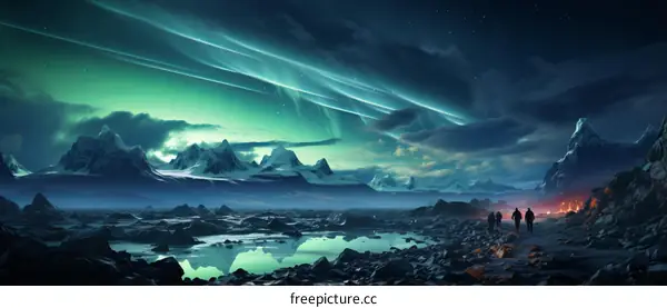 Aurora borealis landscape with mountains and hikers