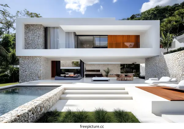 Modern White House With Pool and Stone Walls