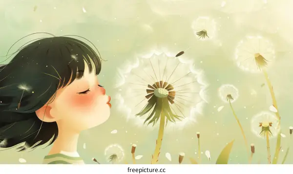 A girl blowing dandelion seeds in the wind