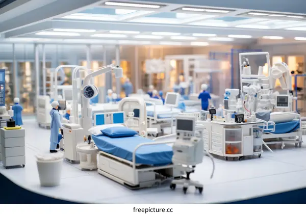 Emergency room with doctors and nurses working on patients in a busy hospital setting