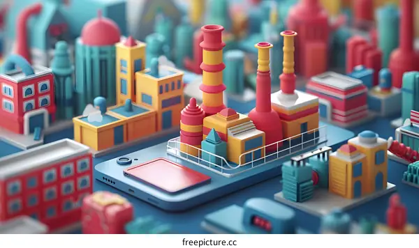 3D rendering of a city with factories and buildings