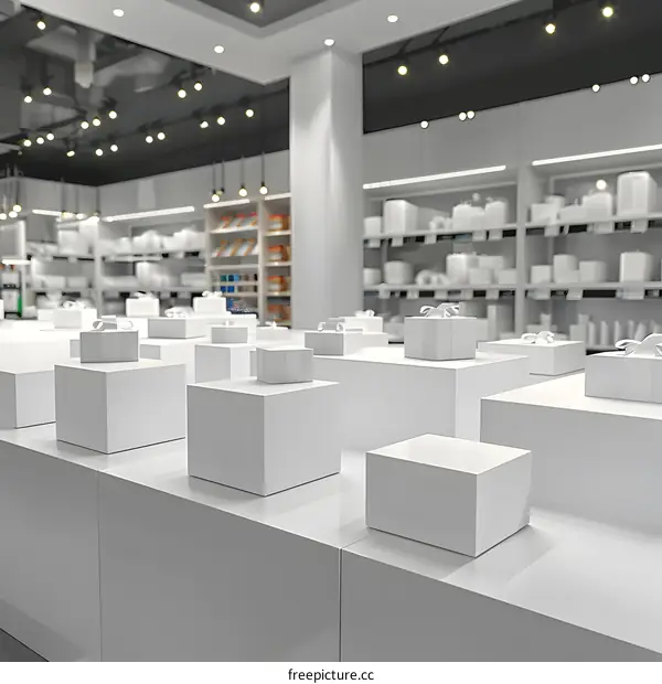 White Gift Boxes Displayed on White Platforms in a Minimalist Shop