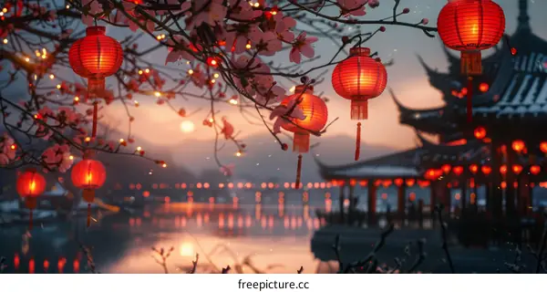 Chinese New Year Celebration with Red Lanterns and Peach Blossoms at Night by the Lake