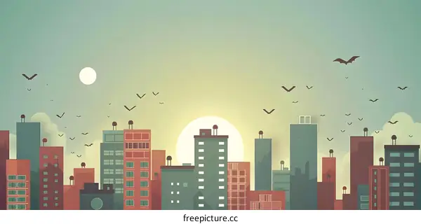 Cityscape Illustration with Bats and Sun