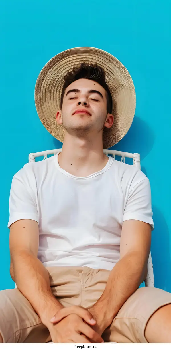 Young Man Relaxing In A Chair Wearing A Straw Hat