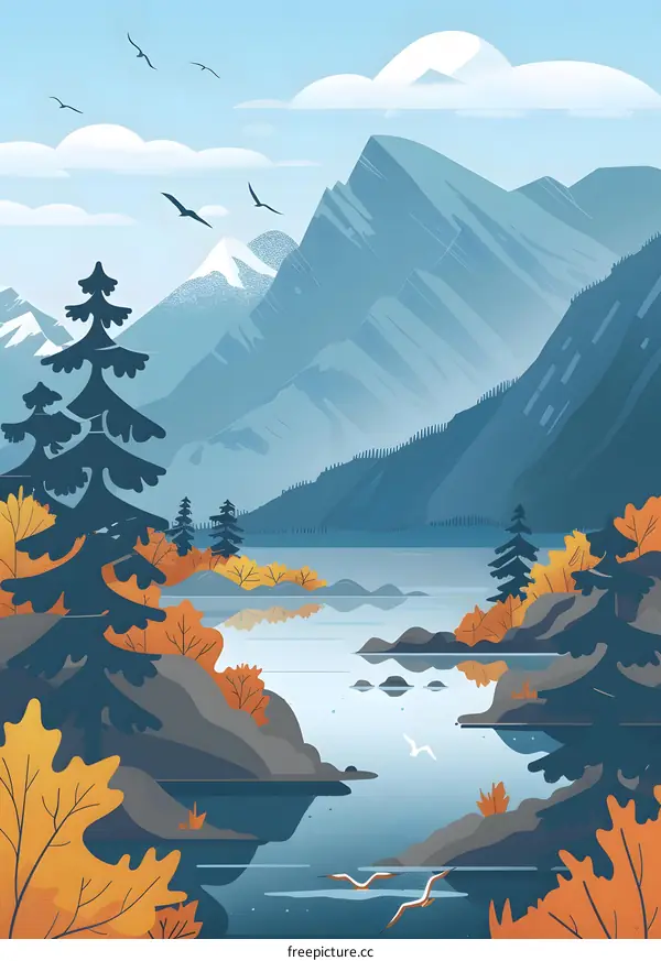 Mountain Landscape with Lake and Autumn Foliage