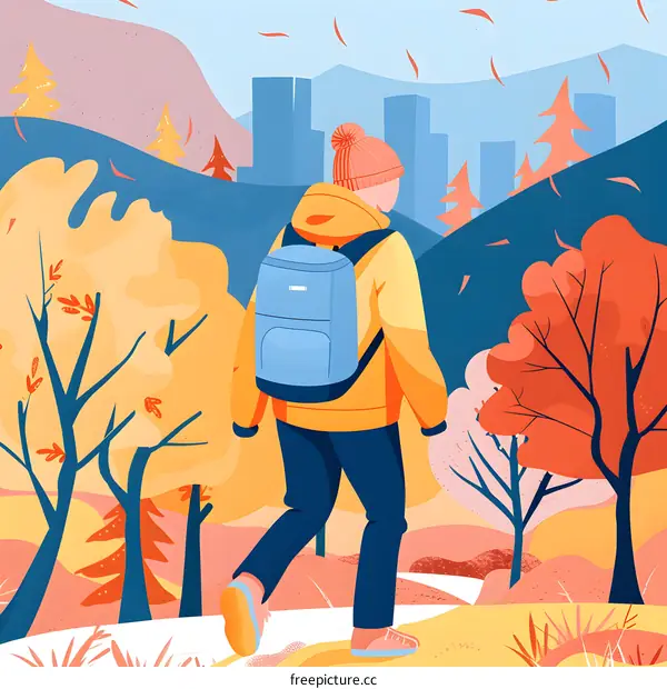 Man Hiking in Autumn Forest with Backpack