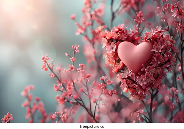 A pink heart-shaped flower made of cherry blossoms