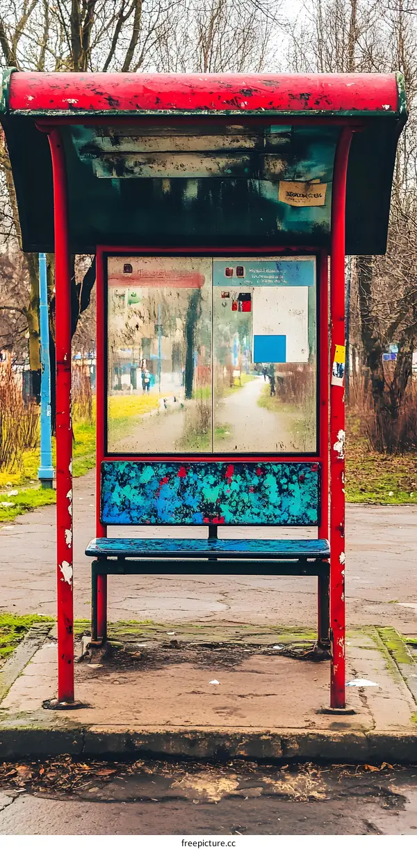Red Bus Stop Shelter With Bench In Front Of Green Trees
