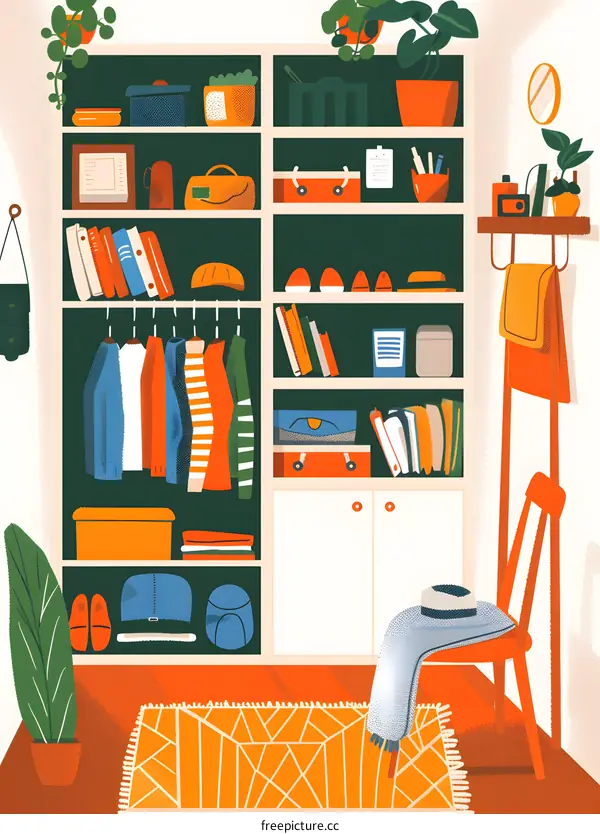 Modern Illustration of a Cozy Home Entrance with Bookshelves and Clothes