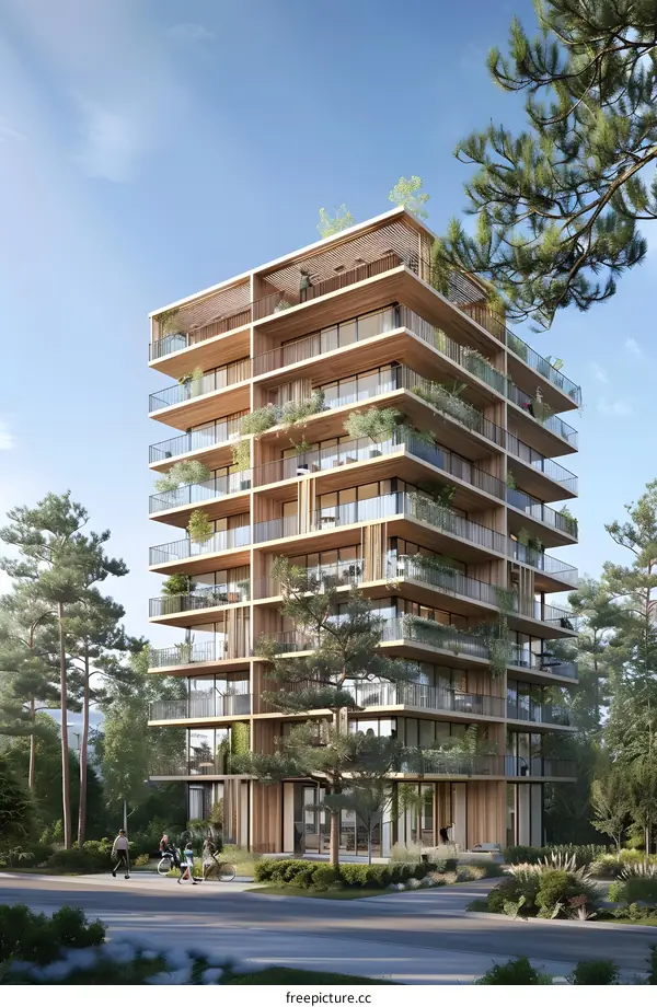 Modern Wooden Apartment Building with Balconies and Green Plants