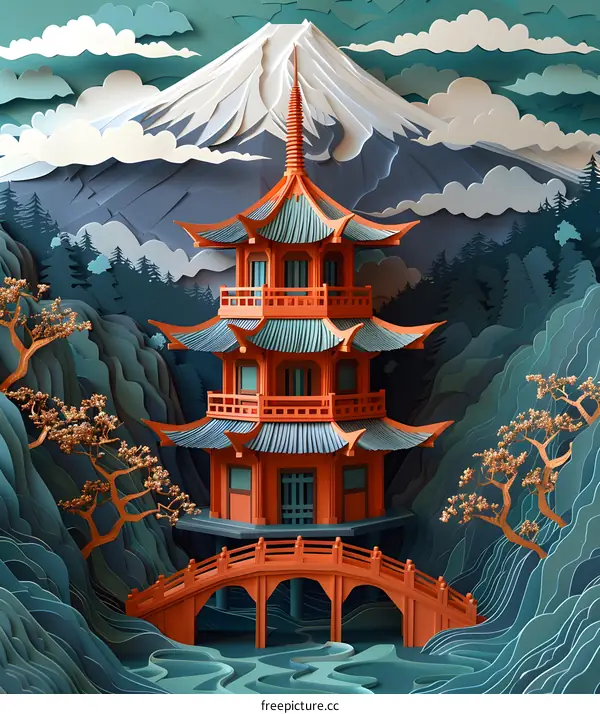 Papercut Landscape with Pagoda and Mountain