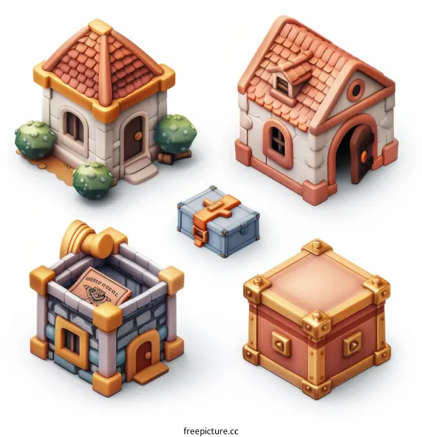A variety of video game assets including buildings and chests