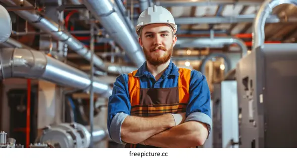 Portrait of a male worker in a hard hat standing in a factory.